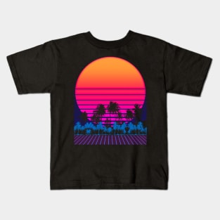 80s Vaporwave Palm Trees Sunset Kids T-Shirt